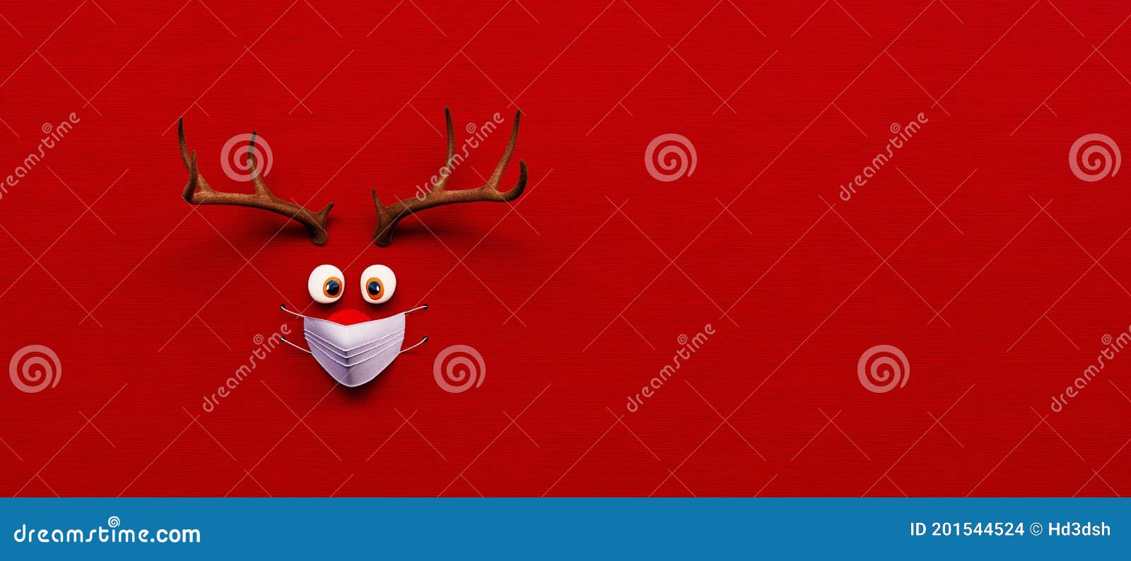 reindeer toy with cold red nose and medical mask on red christmas corona background