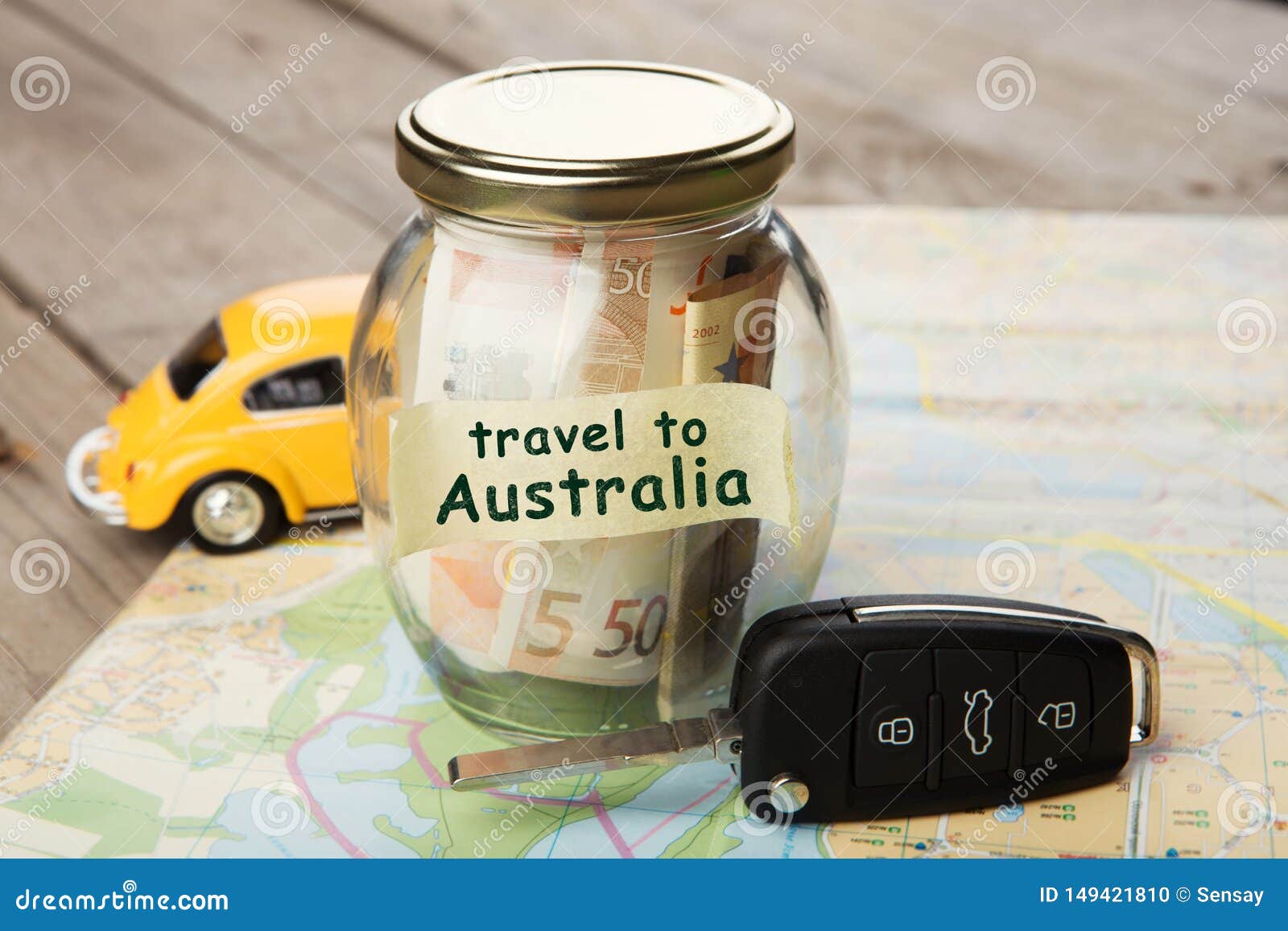 Reise Australien Durch Motor- Geldglas Und -schaltplan Stockfoto - Bild
