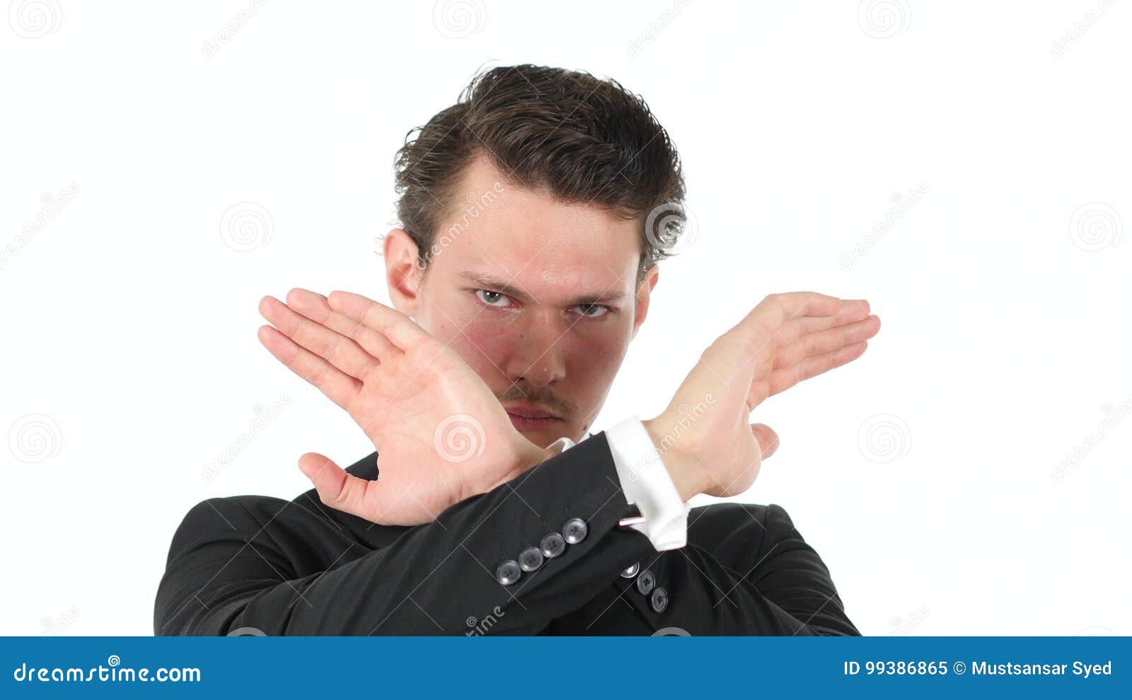 rejecting, denying young businessman on white background