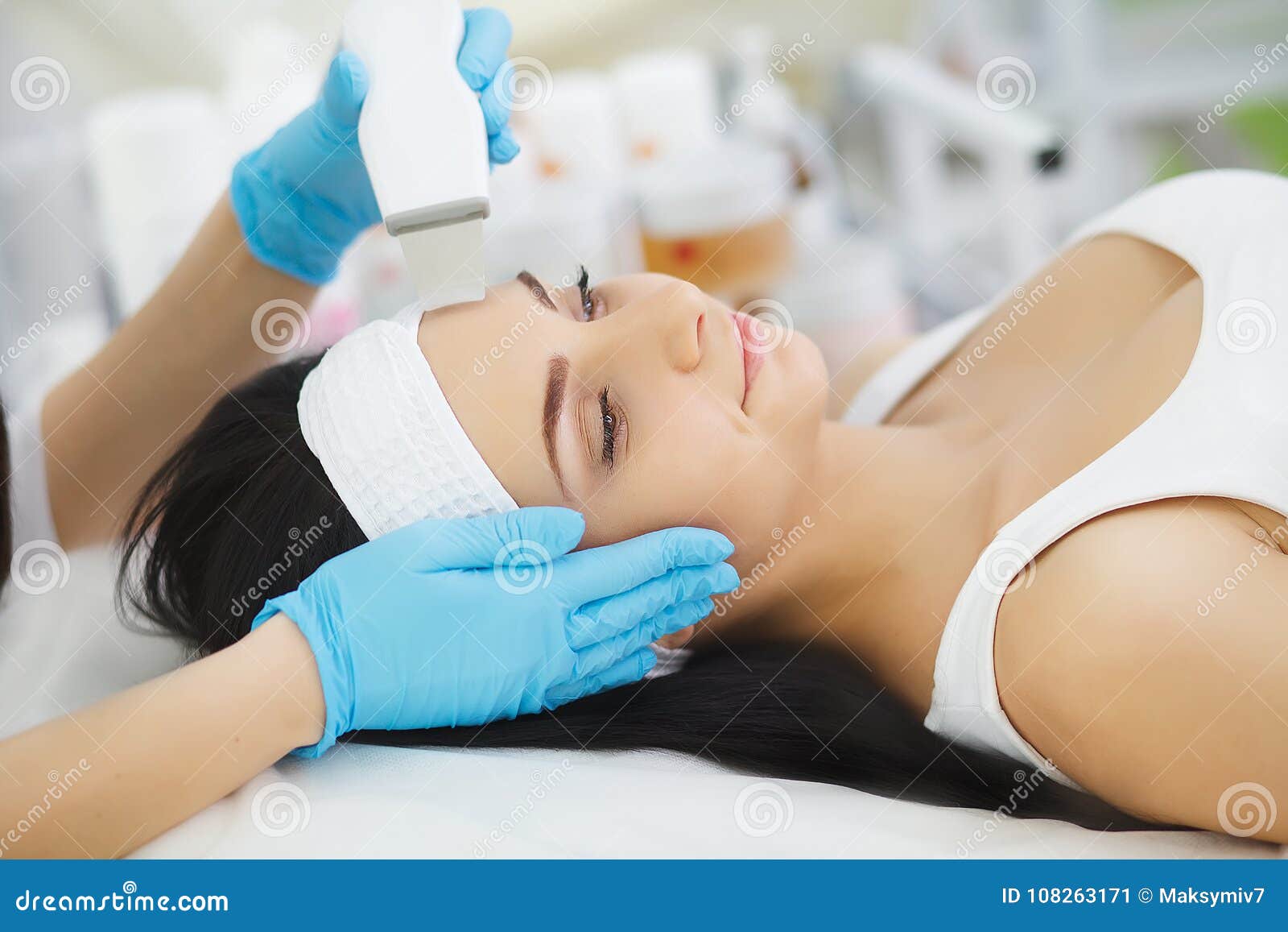 Rejuvenating Facial Treatment Model Getting Lifting Therapy Massage In A Beauty Spa Salon Stock