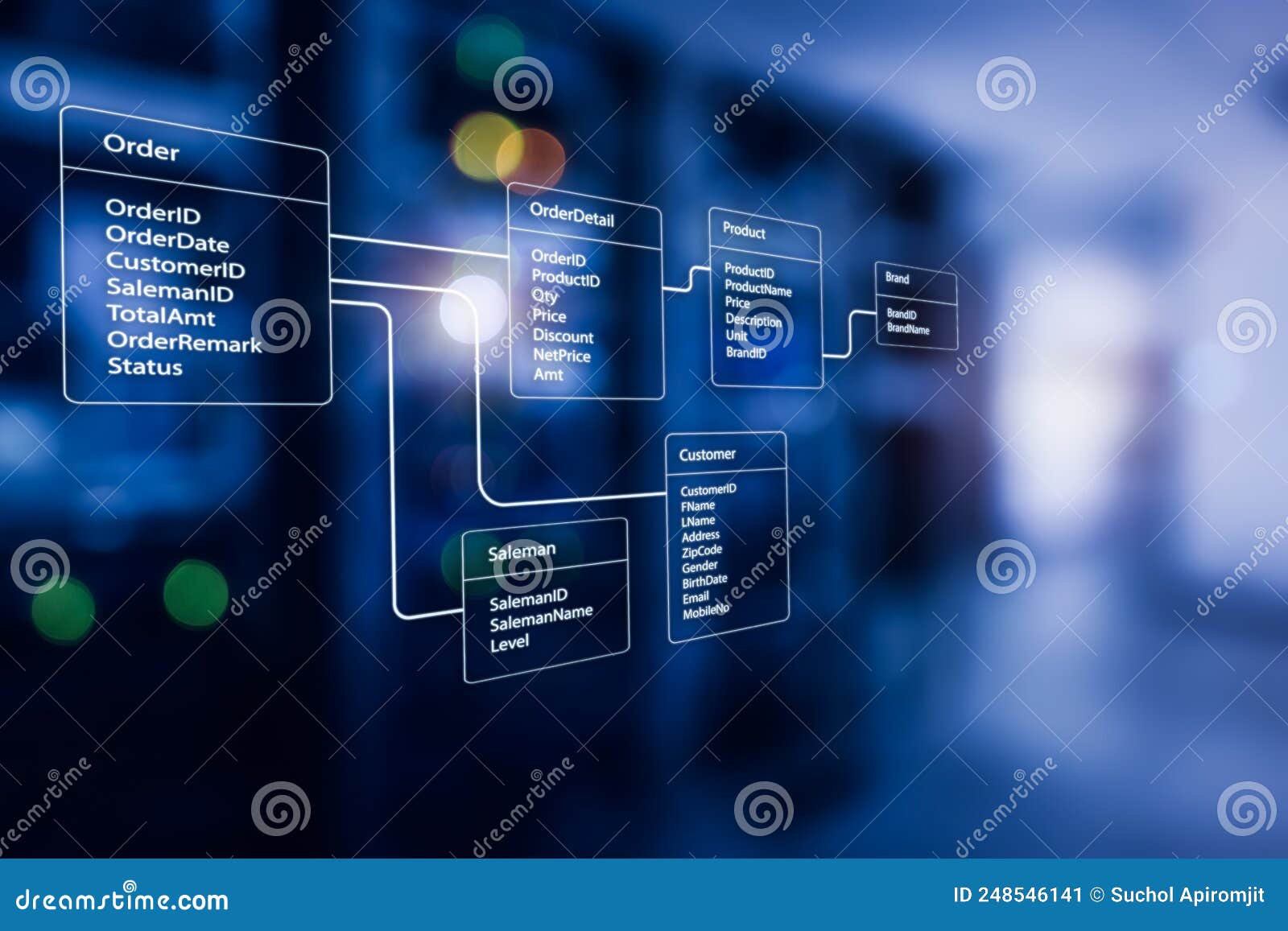 Relational Database Tables with Server Room and Datacenter Background ...
