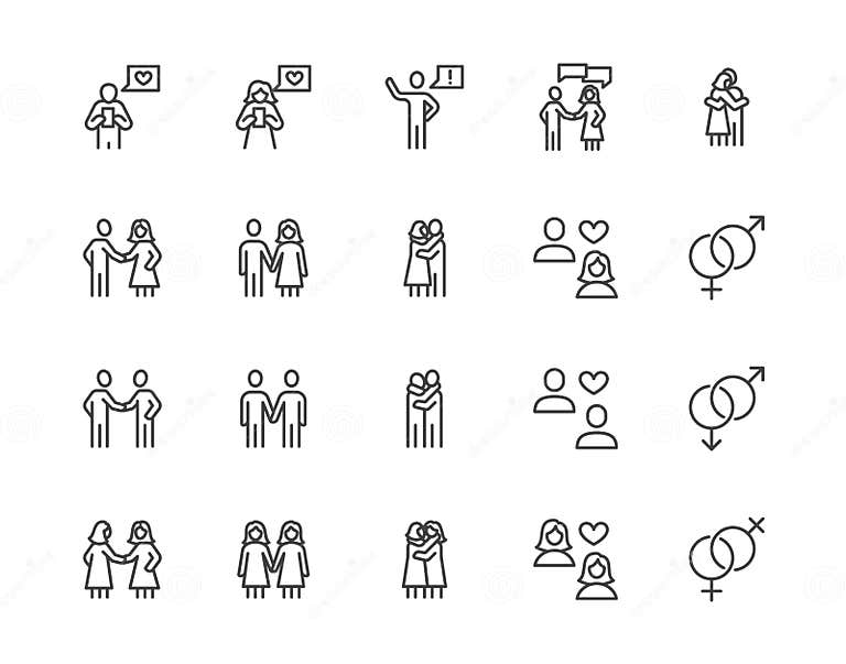Relationship Flat Line Icons Set Acquaintance Hug Romantic Dating Gay Lesbian Couple Vector