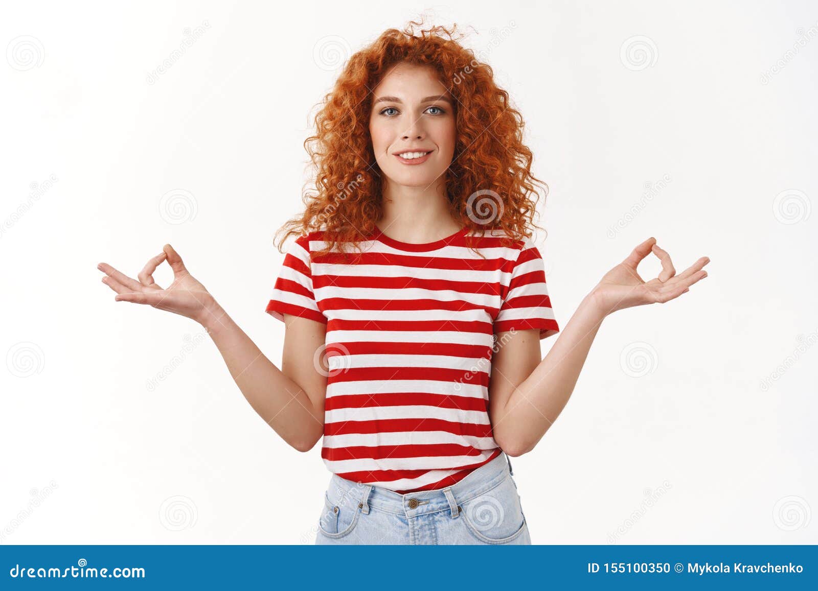 Relax Gathering Patience Smiling Relieved Happy Gorgeous Redhead Curly Woman Striped T Shirt