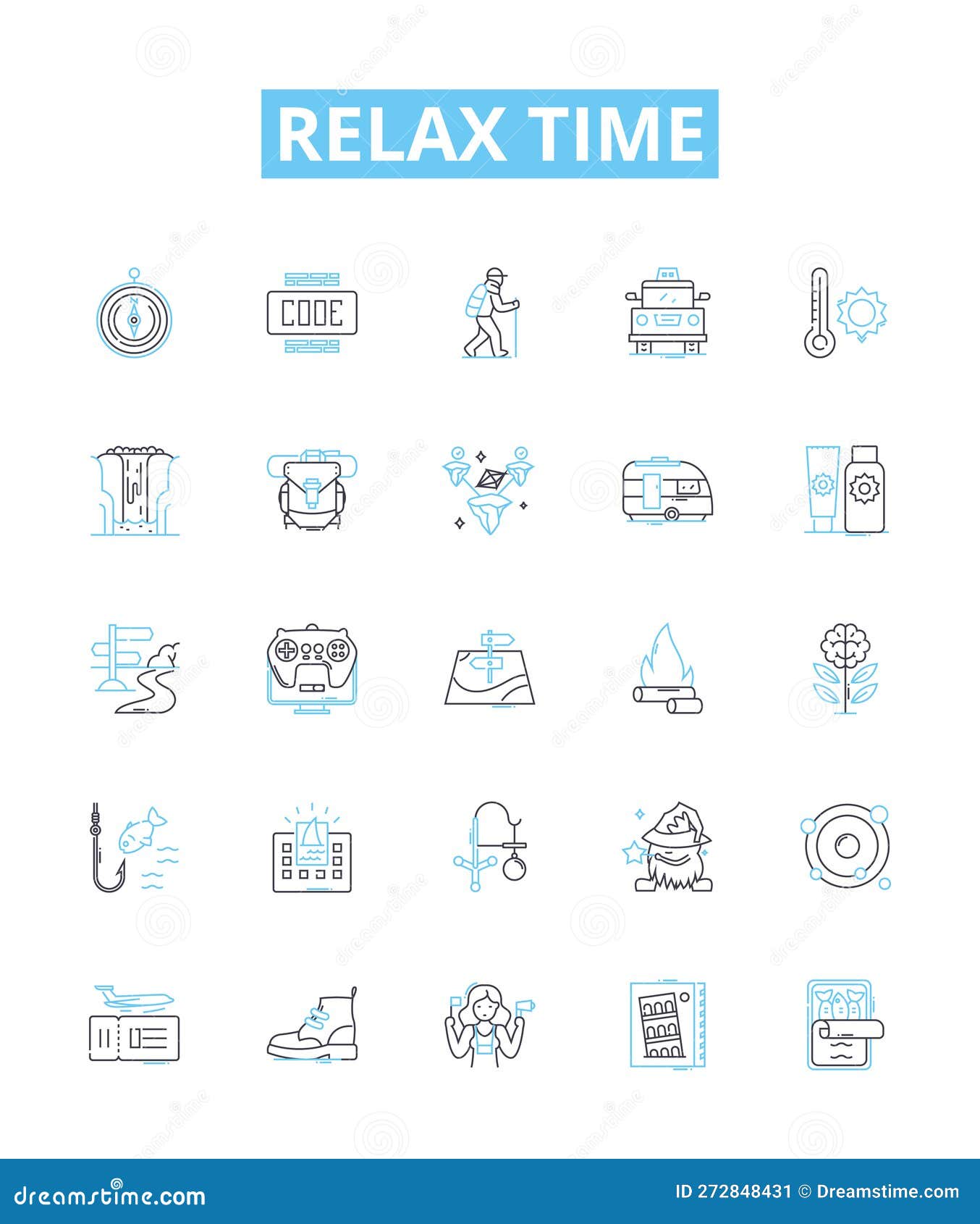 relax time  line icons set. unwind, recharge, soothe, repose, recline, tranquilize, unburden  outline