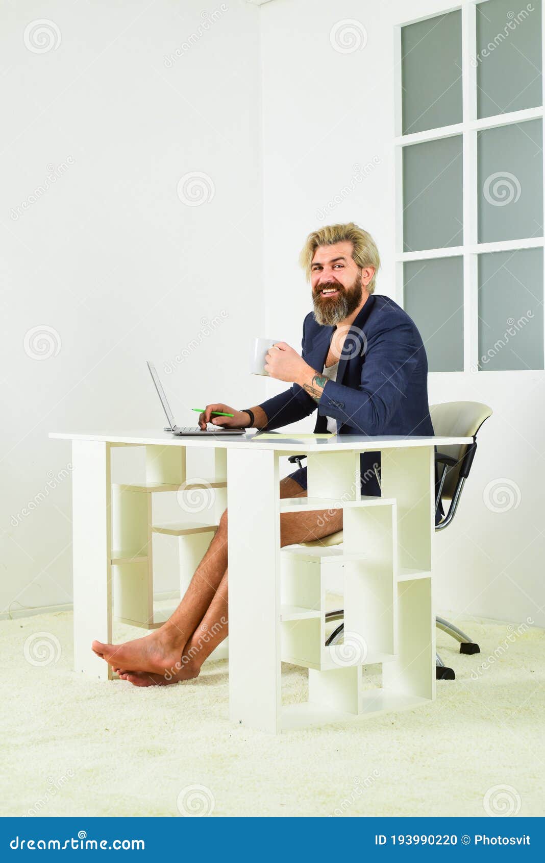 Relax Yourself. Home is Best Office. Barefoot Guy Working from Home. Man  Working on Laptop at Home Stock Photo - Image of online, hipster: 193990220