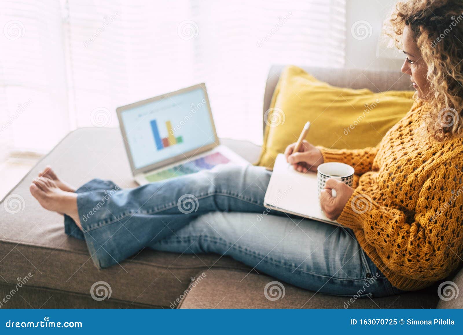 relaxed adult caucasian woman at work at home with personal laptop computer and notebook - economy and. business alternative