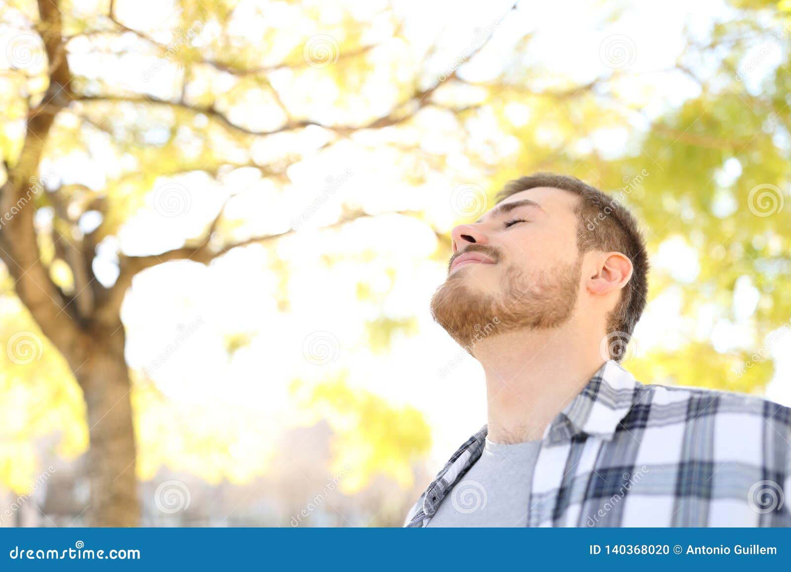relaxed man is breathing fresh air in a park