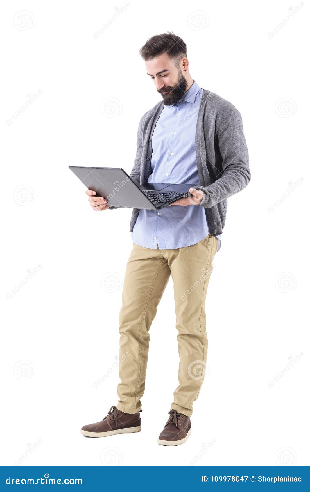 Relaxed Smiling Businessman Holding And Watching At Laptop Computer ...