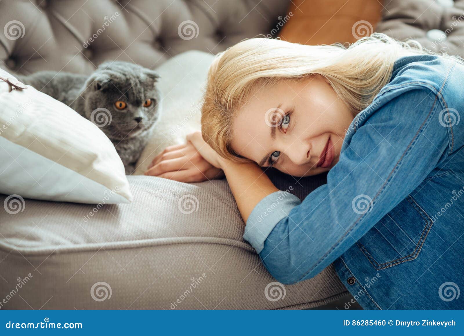 Relaxed Woman Posing with Her Cat Stock Photo - Image of kitten, friday ...
