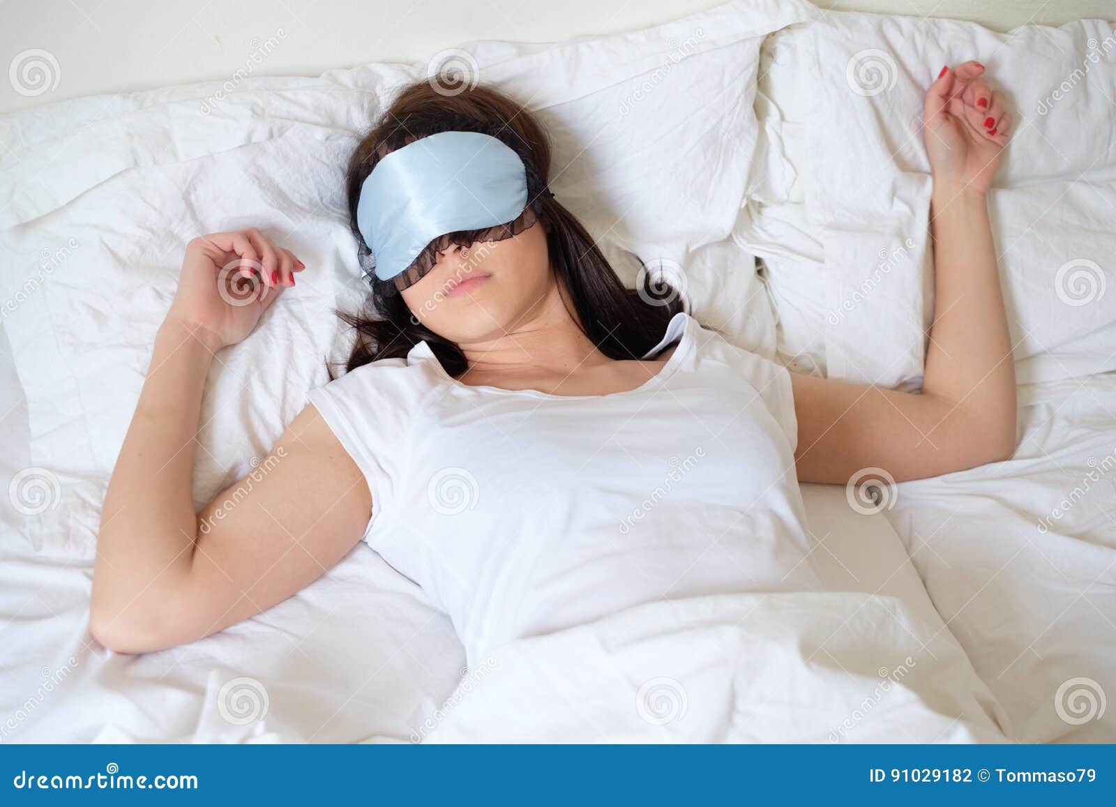 Relaxed Woman Sleeping in Her Bed Wearing Mask Stock Photo Image of