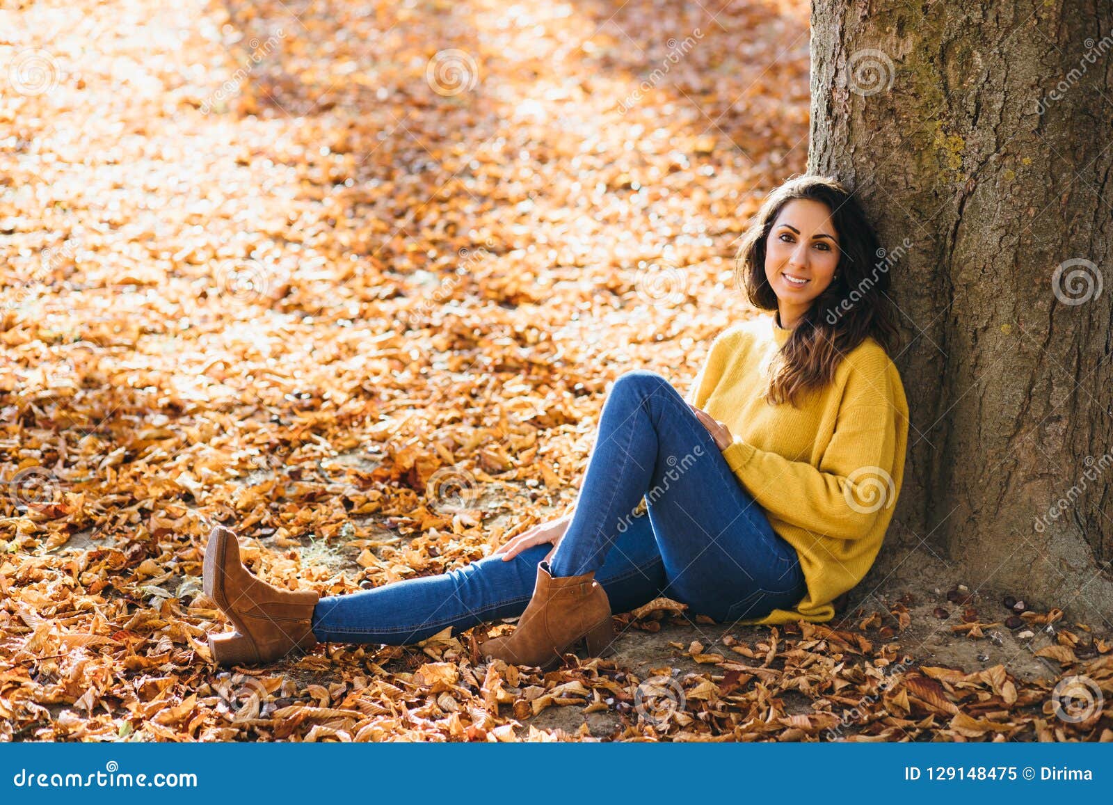 Casual Cheerful Woman Relaxing in Autumn Stock Image - Image of sitting