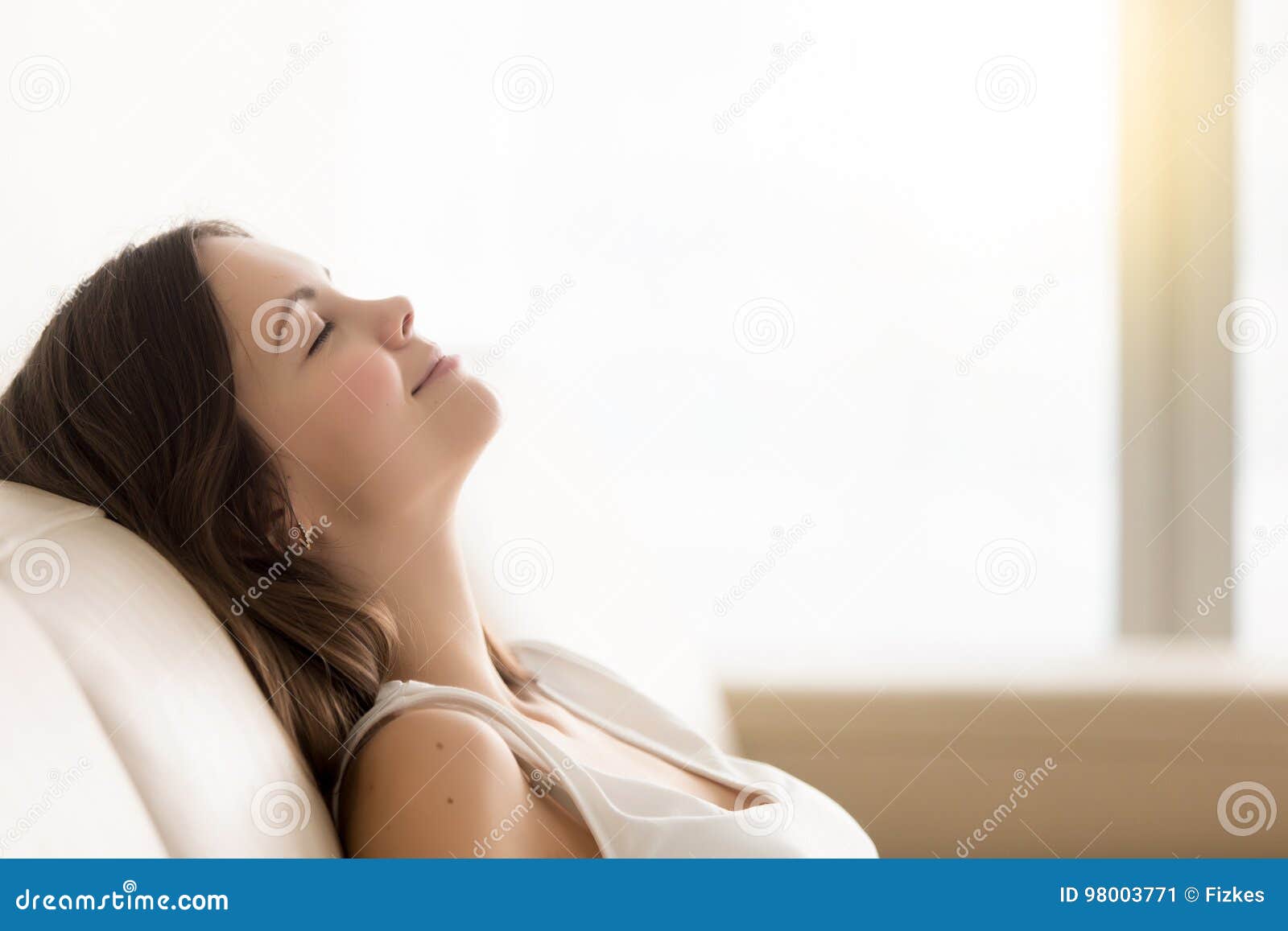 relaxed young woman enjoying rest on comfortable sofa, copy spac