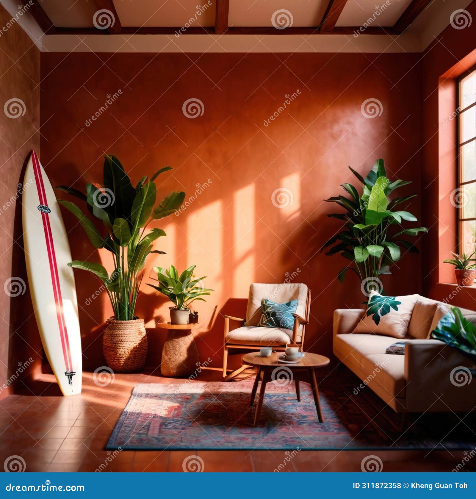 relaxing casual summer iterior  of living room with surfboard