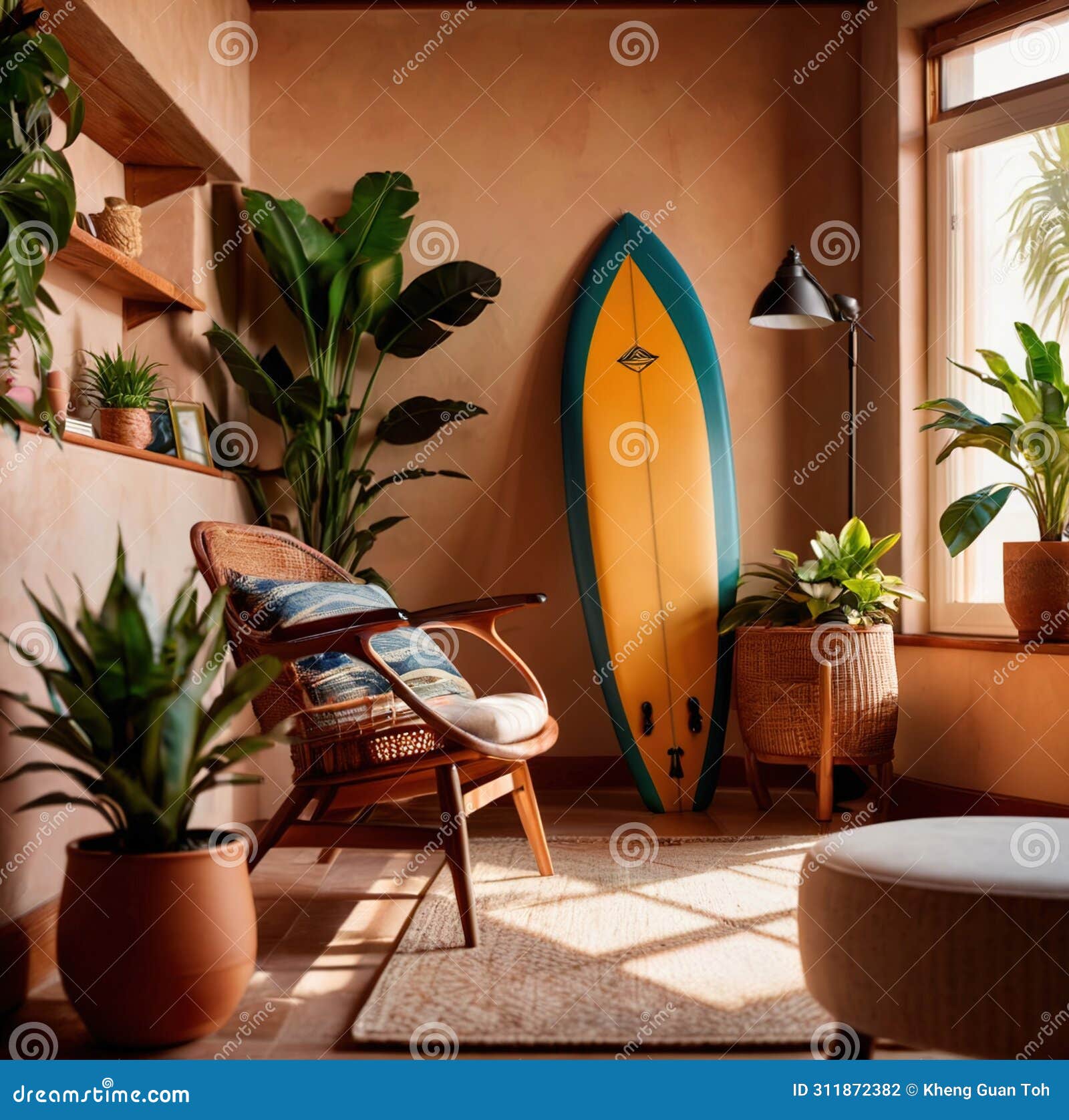 relaxing casual summer iterior  of living room with surfboard