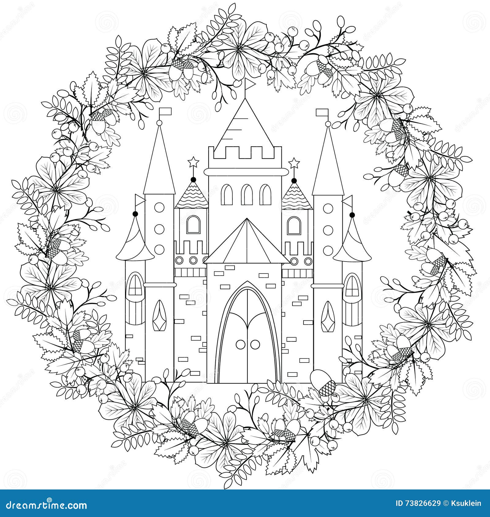 Relaxing coloring page with fairy castle in forest wreath for kids and adults art therapy meditation coloring book