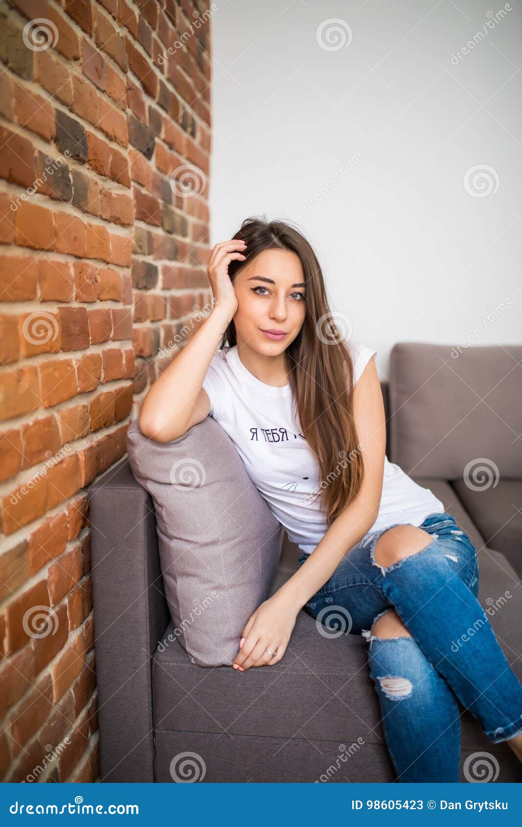 Relaxing Woman Sitting Comfortable in Sofa Lounge Chair Smiling Happy ...