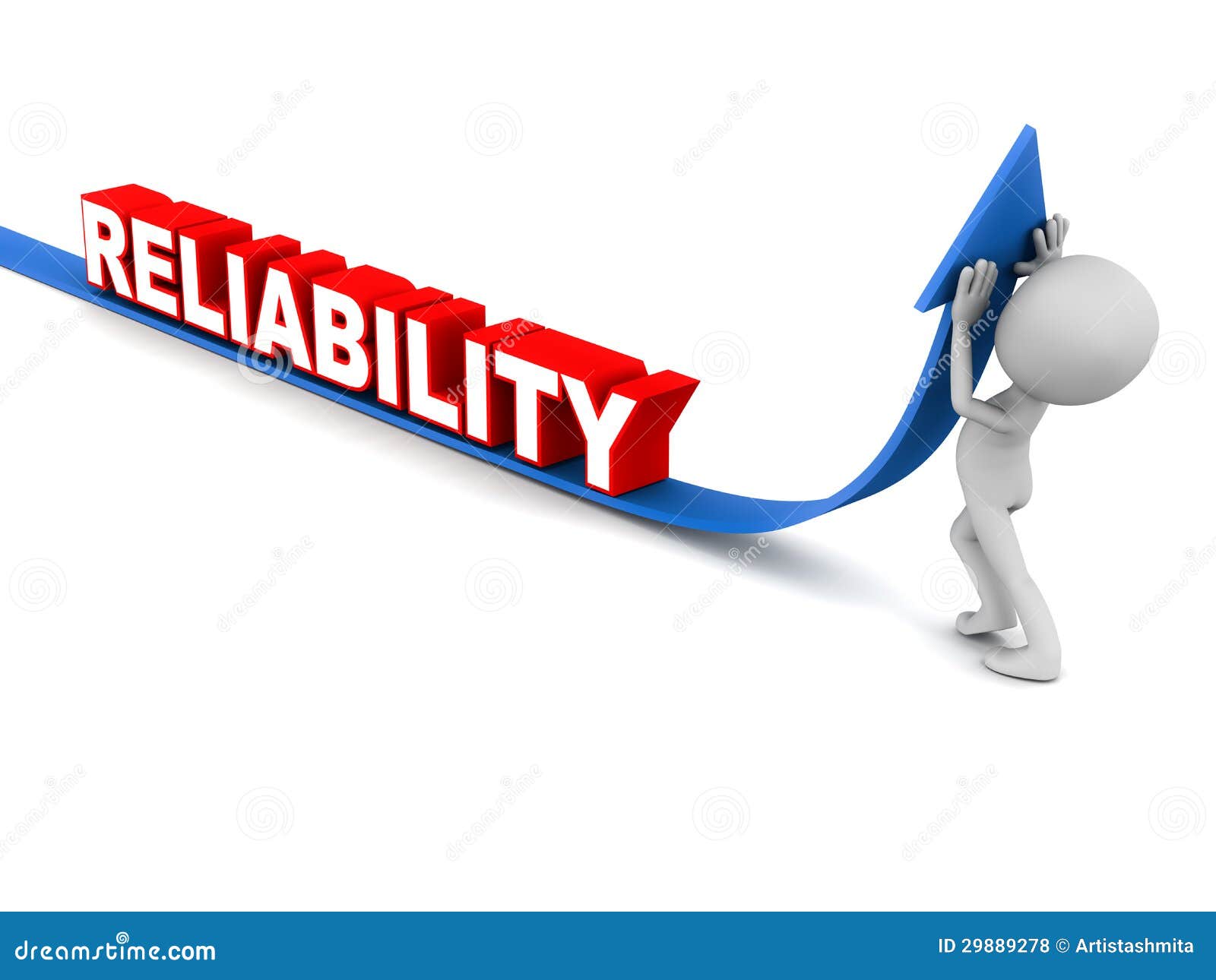 Reliability going up little 3d man pushing up blue arrow of reliability white background
