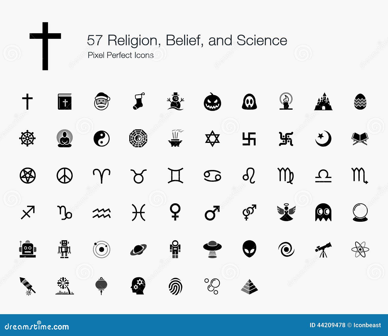 57 religion belief science pixel perfect icons