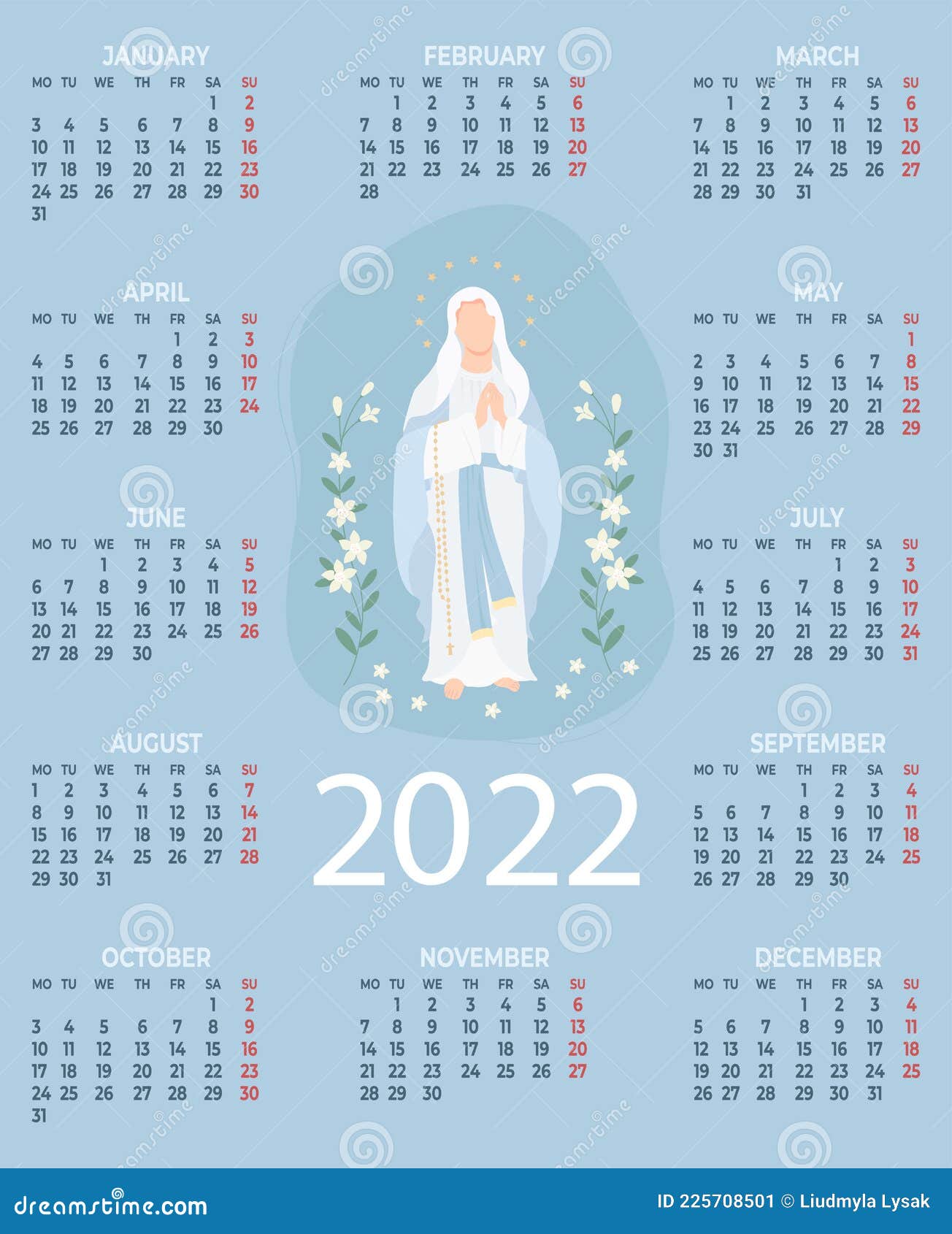 2022 Religious Calendar with the Most Holy Theotokos Queen Heavenly