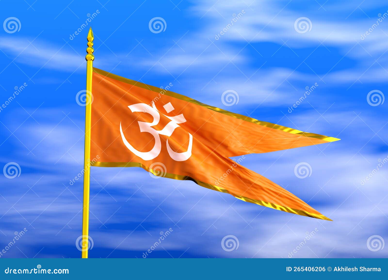 Religious Hindu Om Aum Flag During Daylight And Beautiful Sky 3D religious-hindu-om-aum-flag-during-daylight-and-beautiful-sky-3d