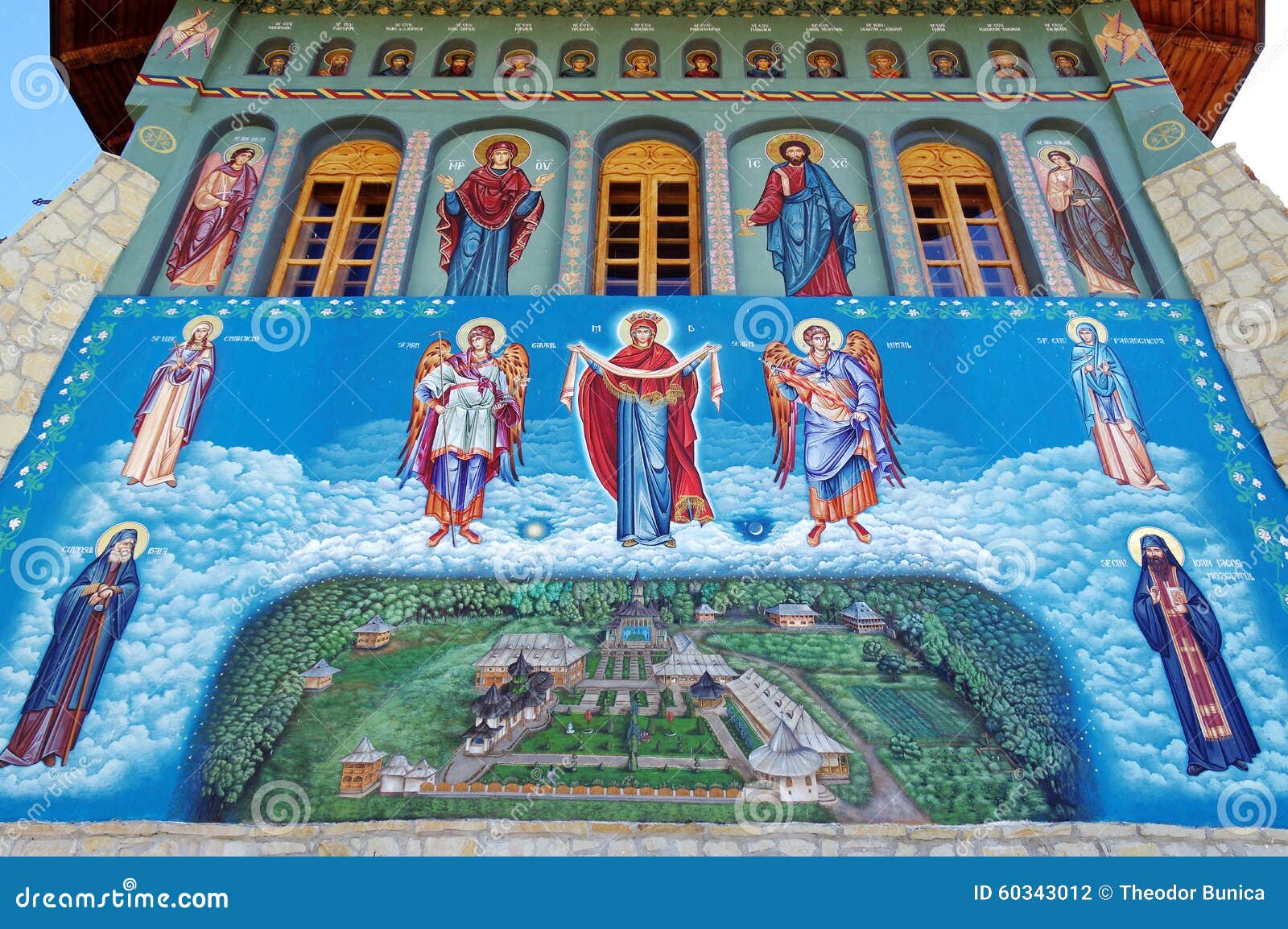 orthodox church. religious painting on the wall with virgin mary - monastery bujoreni, vaslui county, landmark attraction, romania