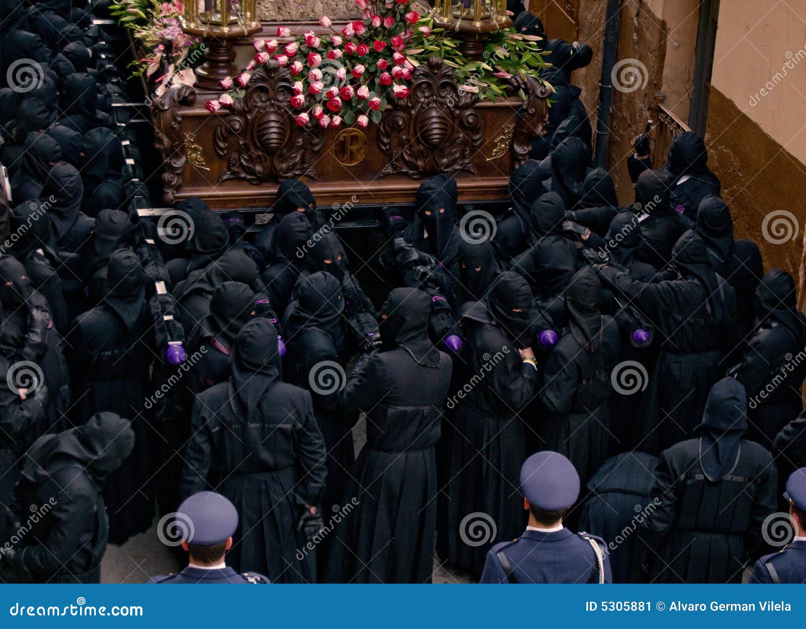 Religious processions in Holy Week. Spain. Costaleros. Bearers of religious images during processions in Holy Week. Is the most important religious festivity. Spain