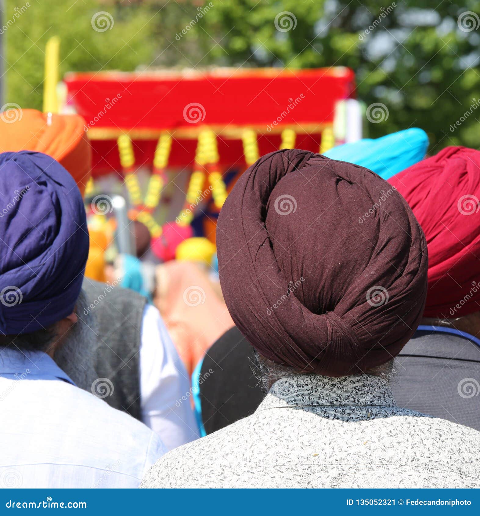 Religious Sikh Procession with Men with Great Turbans Dyes Stock Image