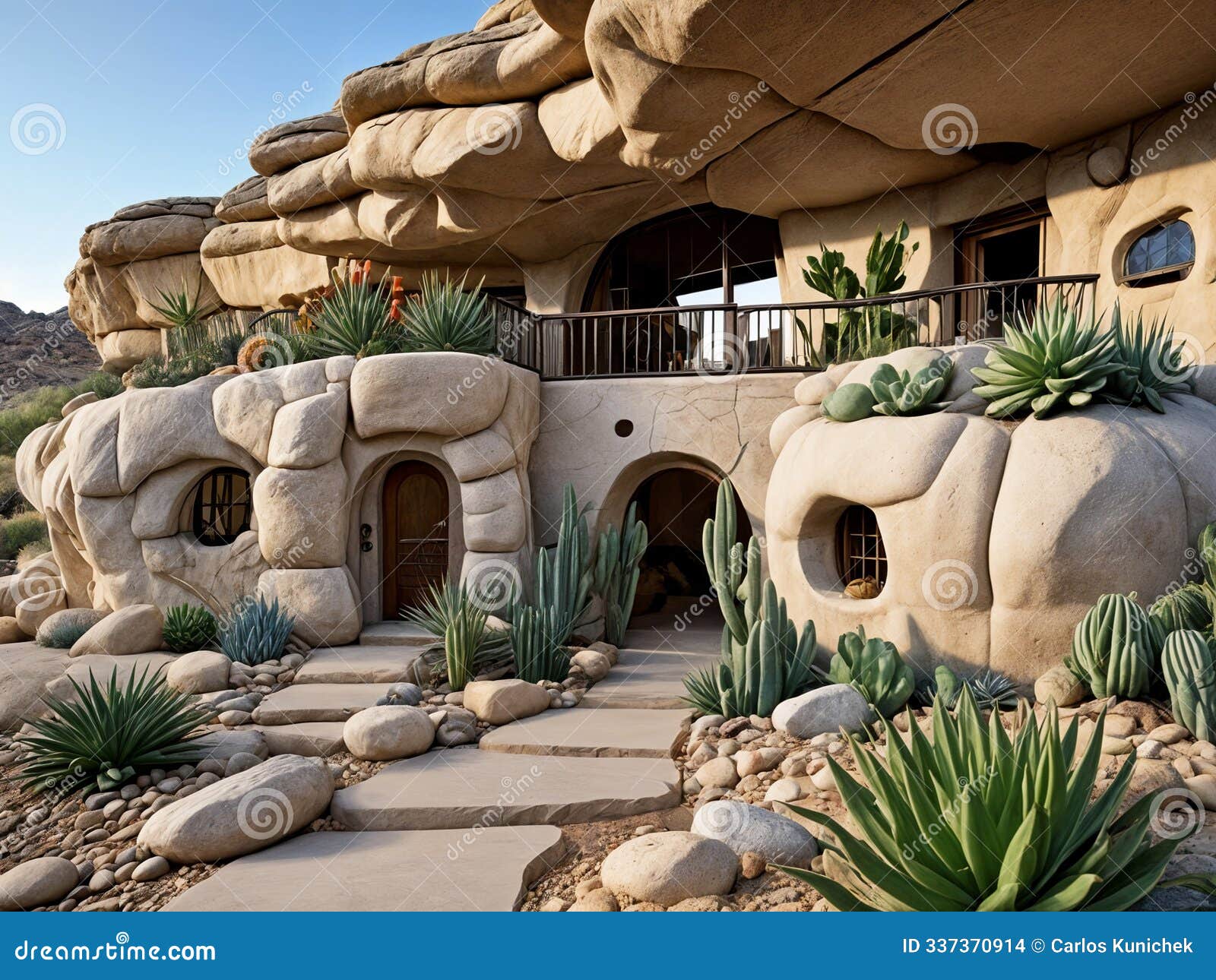 relistic 3d rustic cave style home carved out of limestone boulders with cactus and succulents - generated by ai