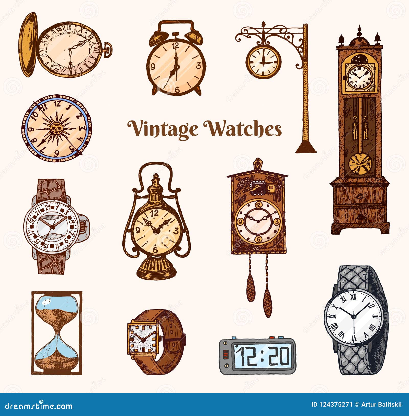 Colección de relojes retro dibujados a mano, reloj de arena