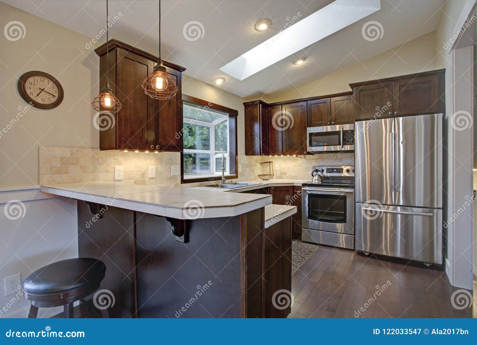 remodeled kitchen with skylights.