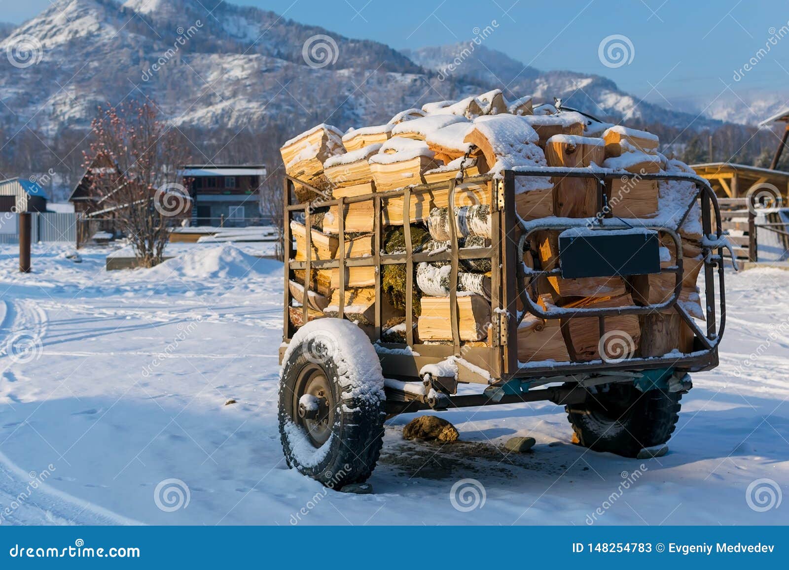 Remorque Pour Le Transport Du Bois De Chauffage En Hiver Photo