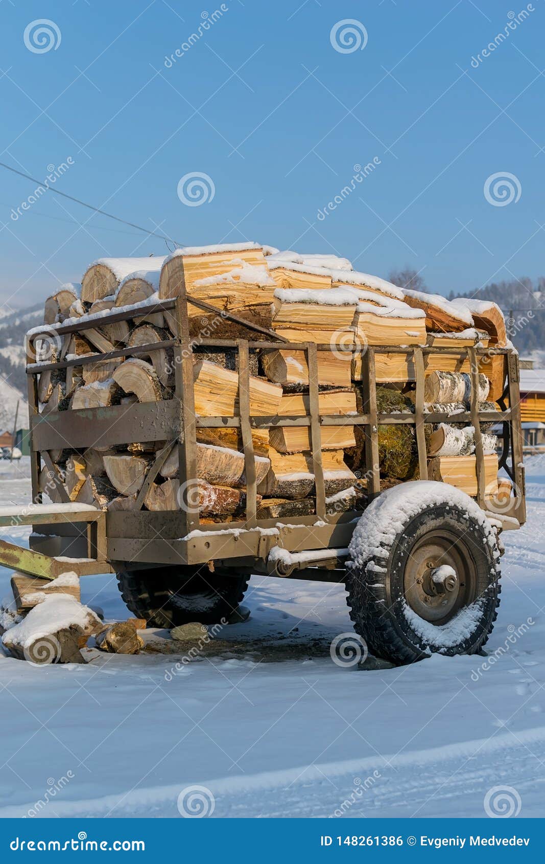 Remorque Pour Le Transport Du Bois De Chauffage En Hiver Photo