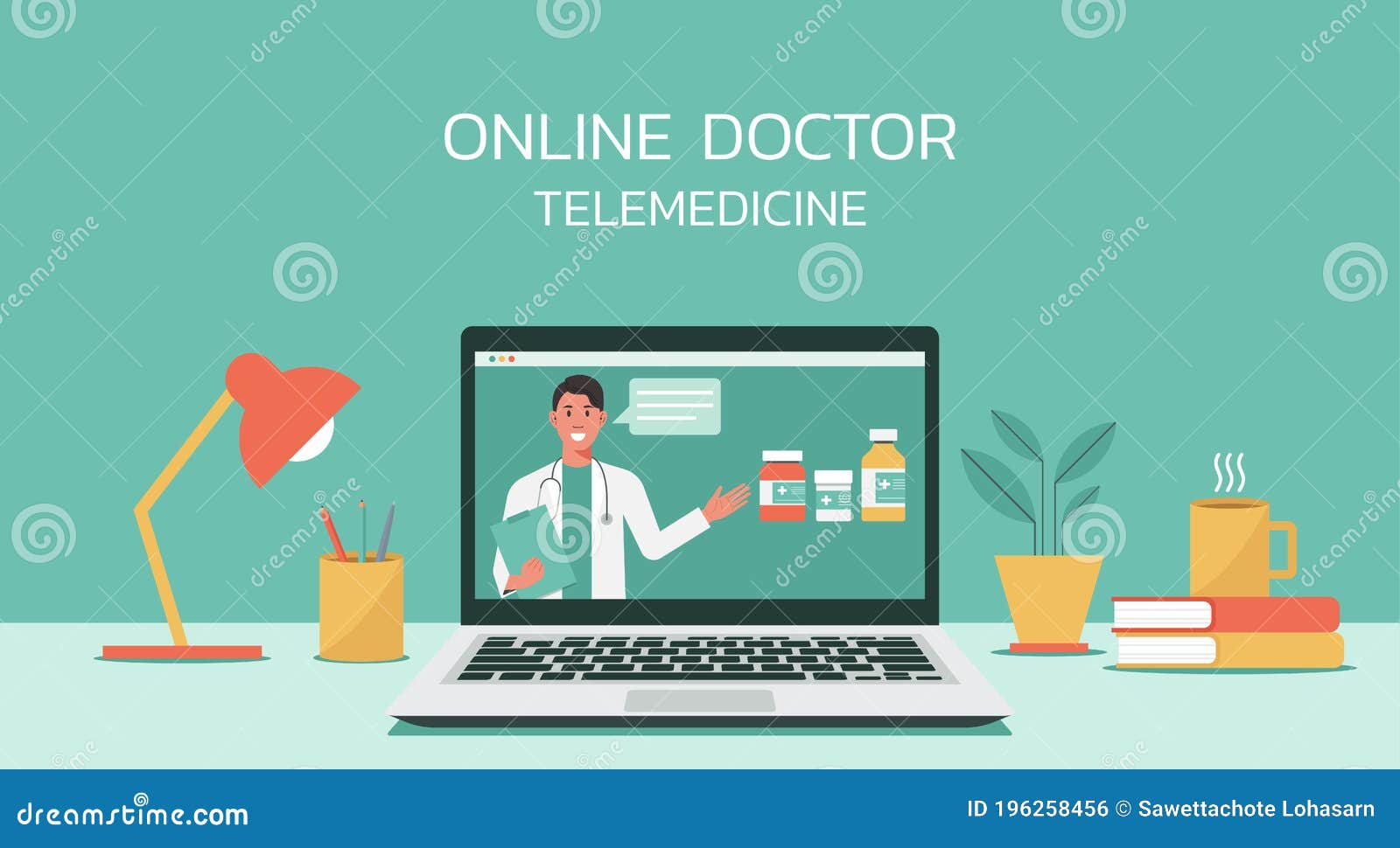 virtual doctor describe about benefit of medicines on laptop