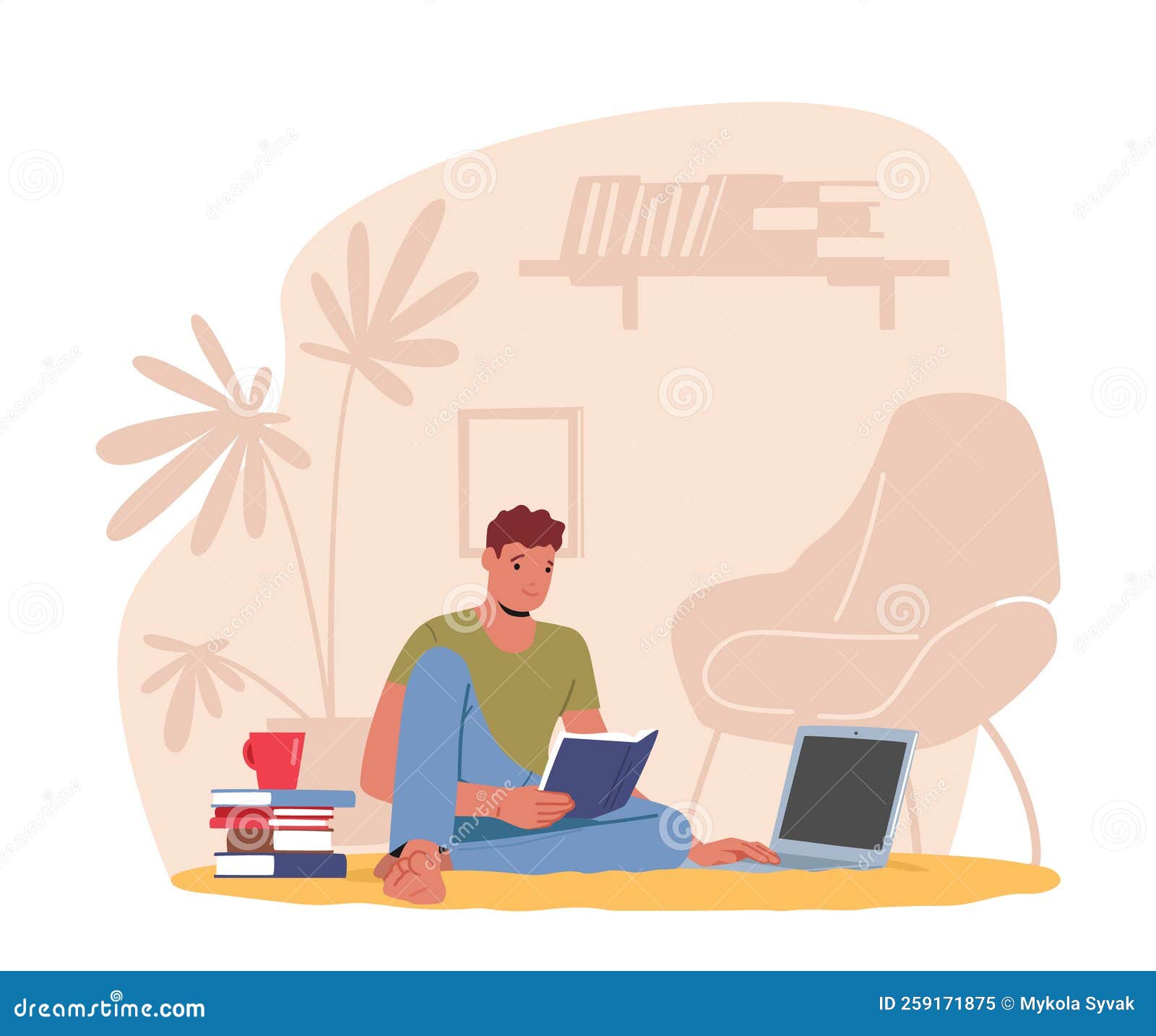 remote freelance work, homeworking place concept. man freelancer sit on floor with coffee cup and pile of books