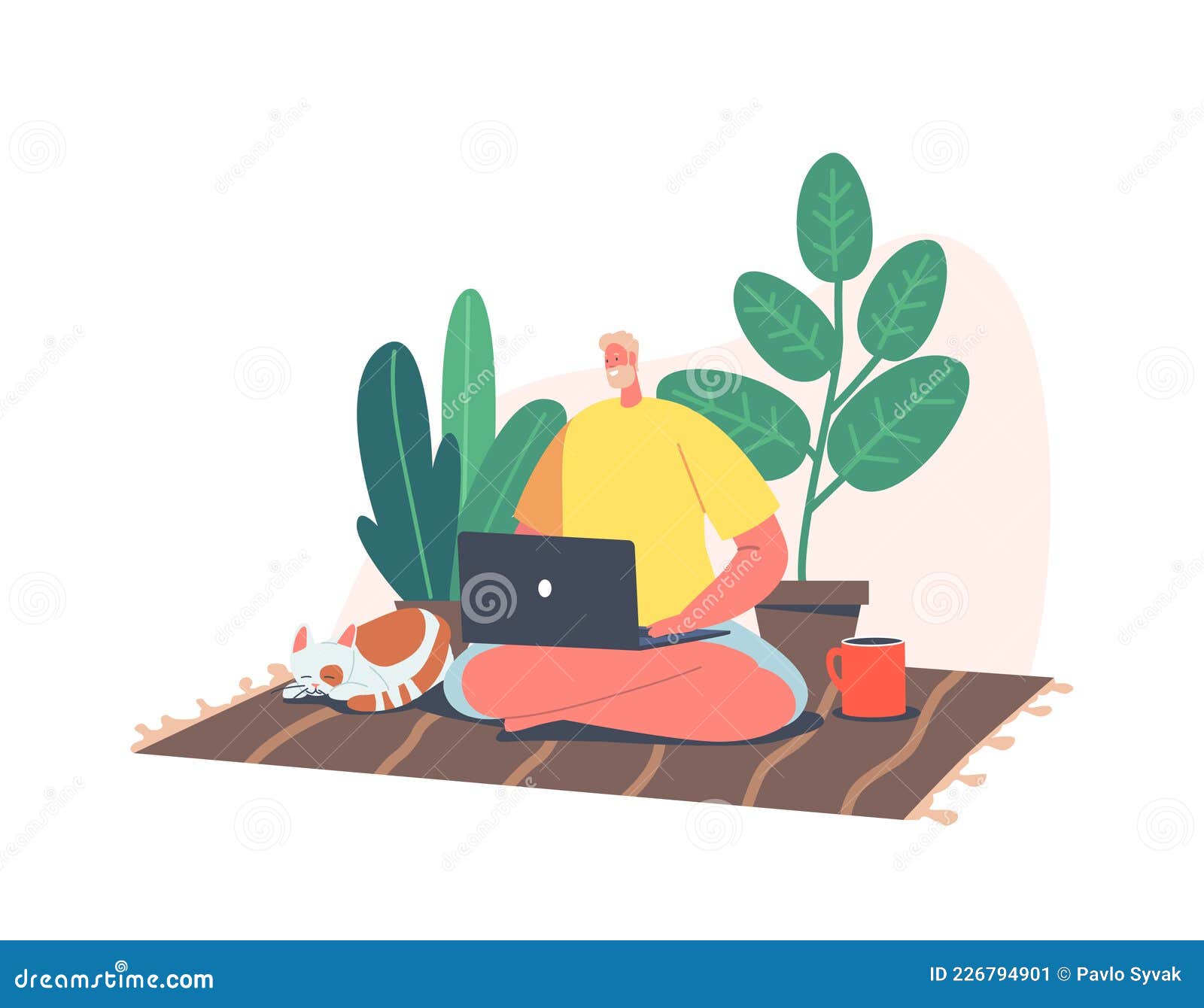 remote freelance work, homeworking place concept. man freelancer sitting on floor in yoga pose with cat and coffee cup