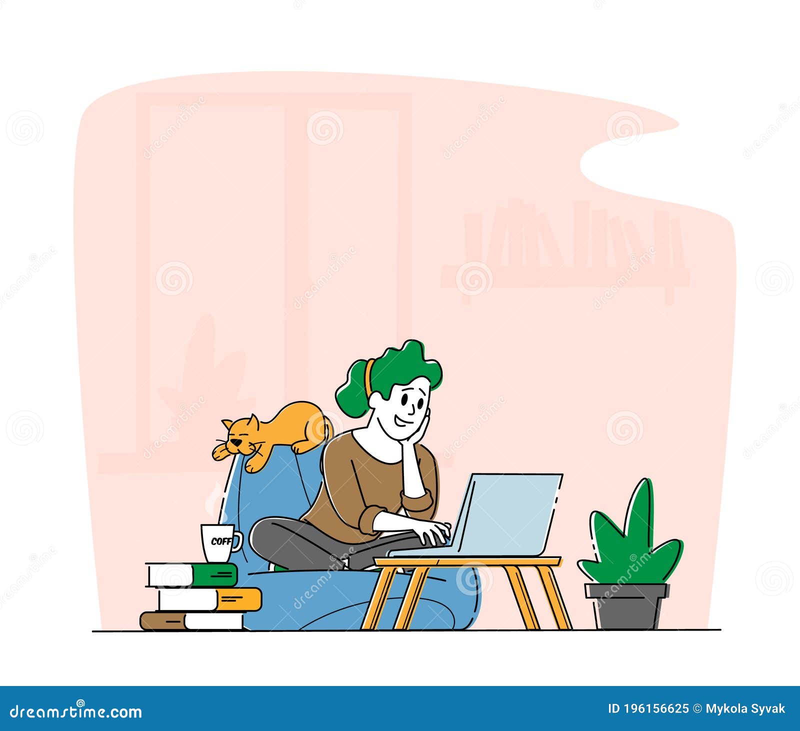 remote freelance work, homeworking place concept. woman freelancer sit in comfortable beanbag armchair working distant