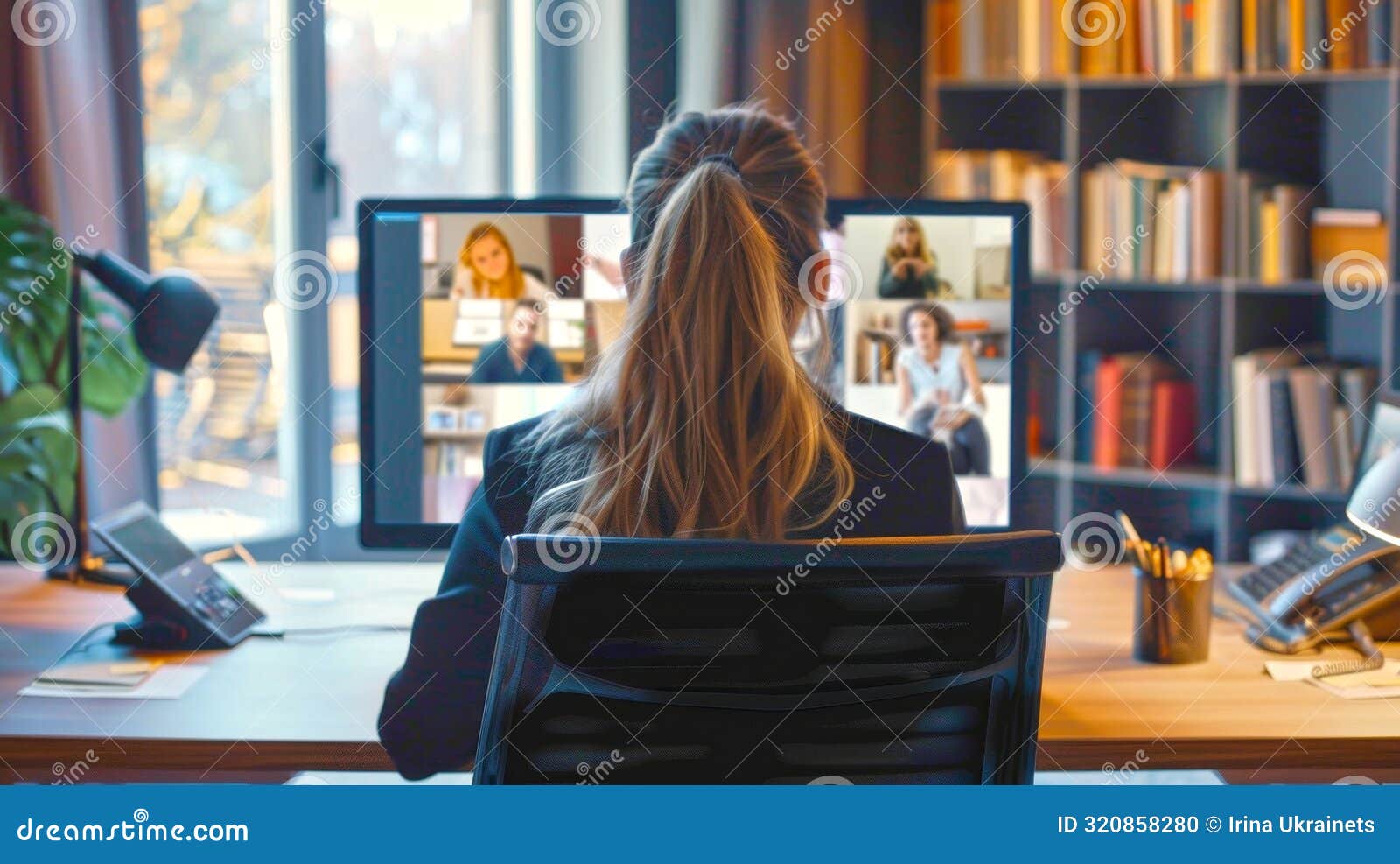 Remote Work Setup with a Professional at a Desk, Engaged in a Virtual