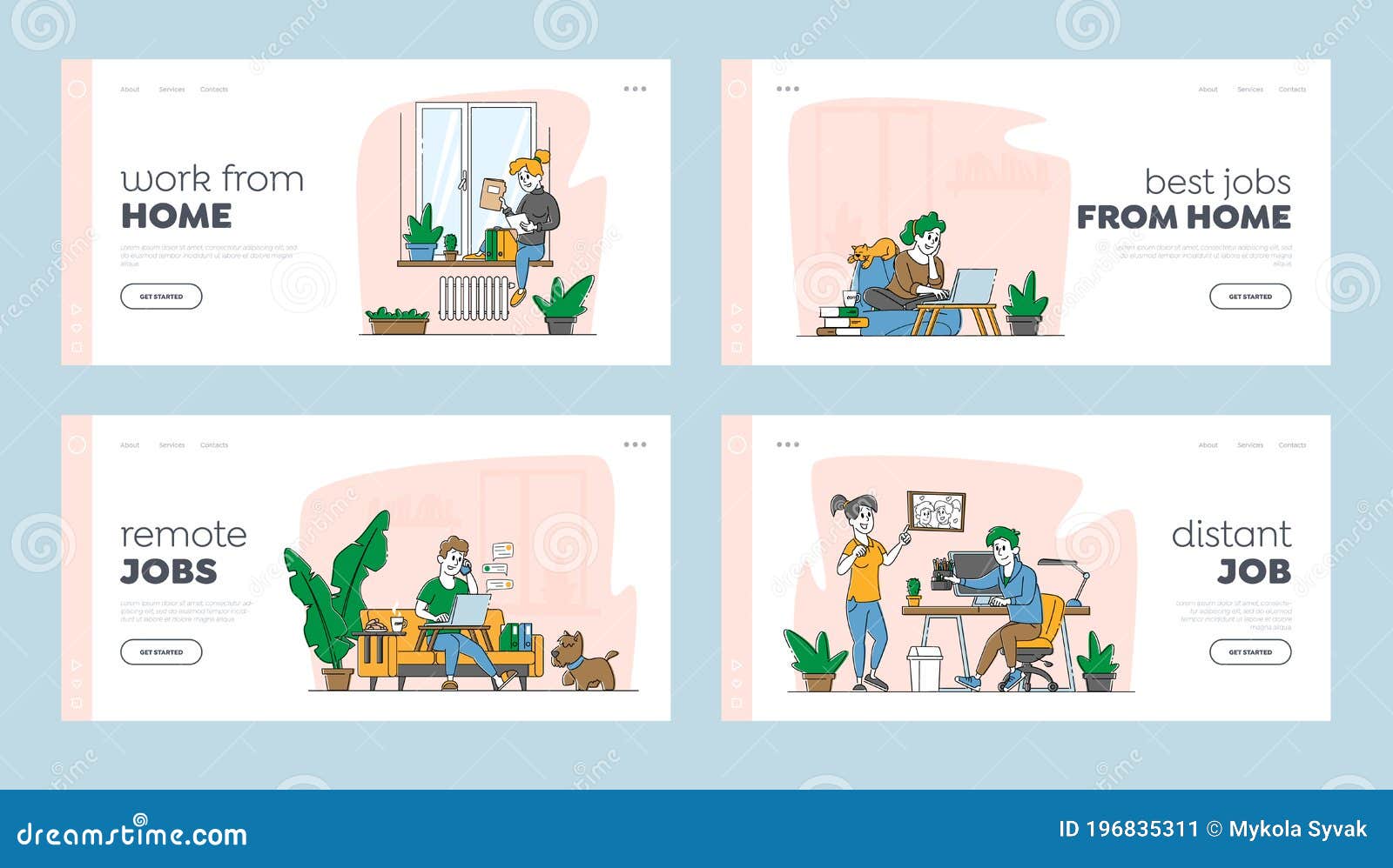 remote workplace, homeworking landing page template. freelancers or outsourced workers characters working from home
