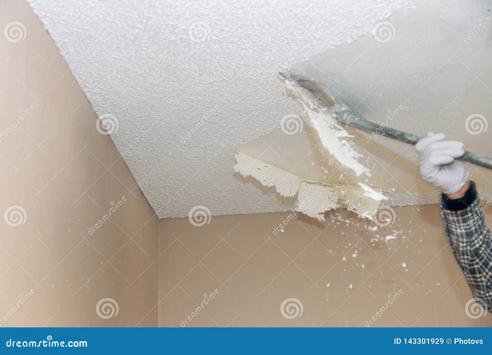Removal Old Dirty Popcorn Ceiling Wall Background Stock Image