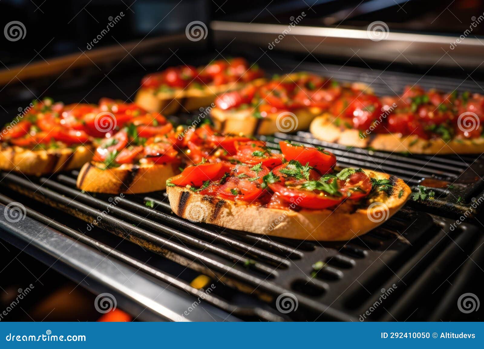 Removing Freshly Grilled Bread from the Oven for Bruschetta Stock Photo