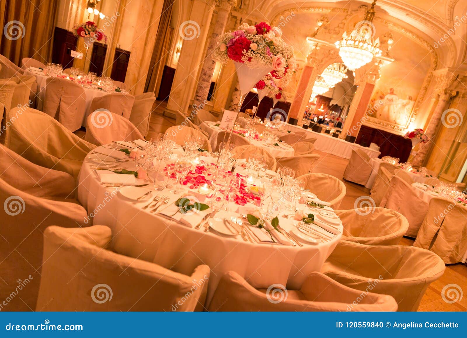 Renaissance Style Wedding Reception Room And Candle Lit Tables