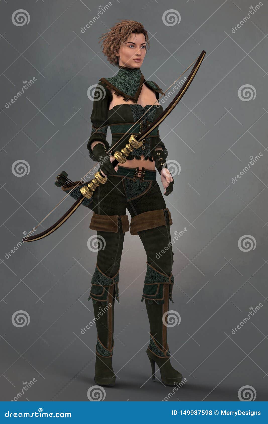 render of a female fantasy woodlands ranger holding a bow