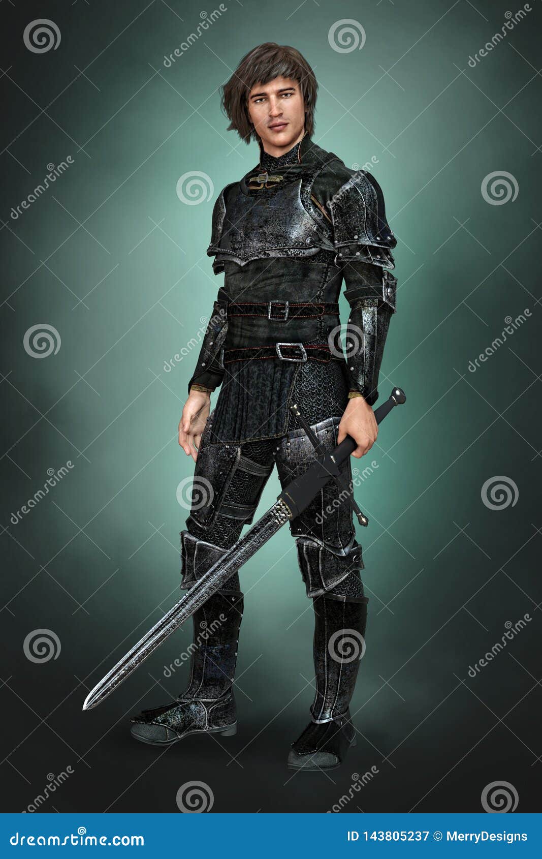 render handsome medieval knight in black armor armour