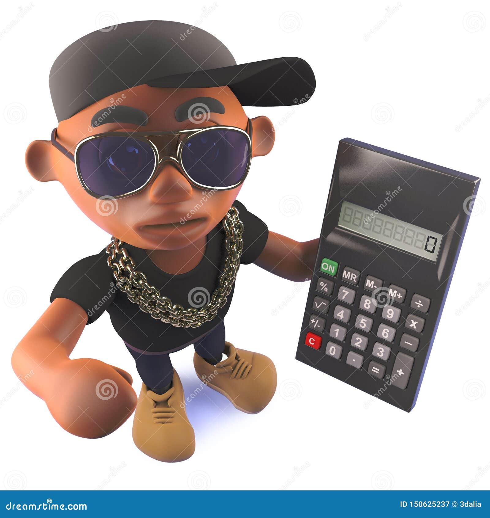 3d cartoon black african american hiphop rapper holding a calculator