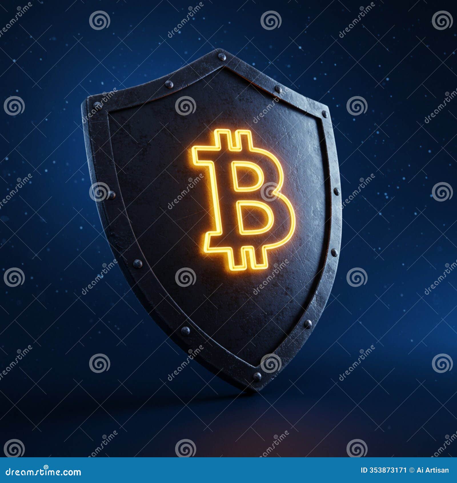 ai generated rendered image of black shield with glowing orange bitcoin 