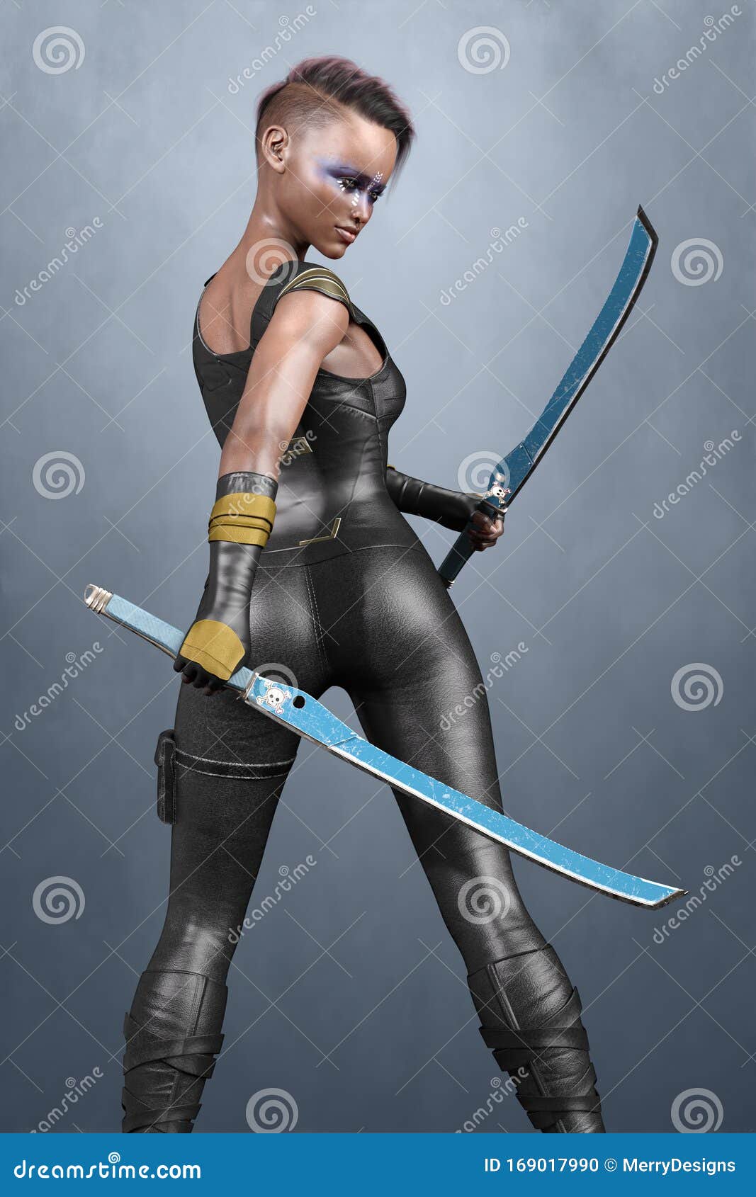 Rendering of a Beautiful Fantasy Woman Character Holding Two Swords