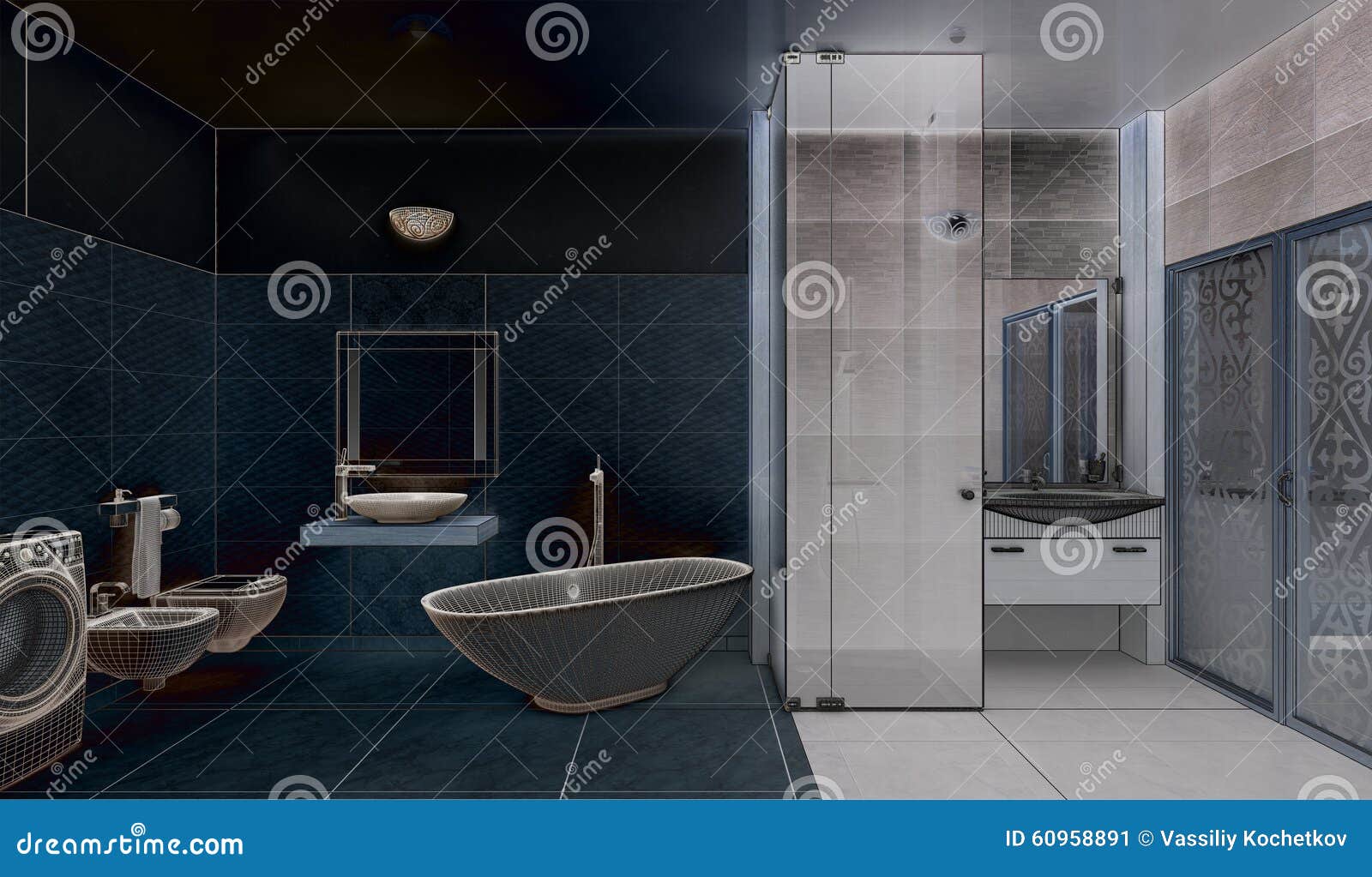 Rendering 3D of a Modern Bathroom Interior Design Stock Illustration ...