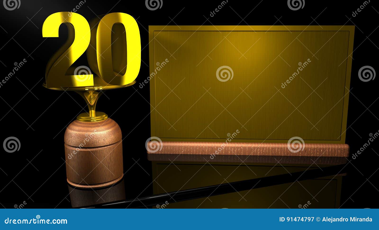 rendering 3d wooden trophy with number 20 in gold and golden plate with space to write on mirror table in black background