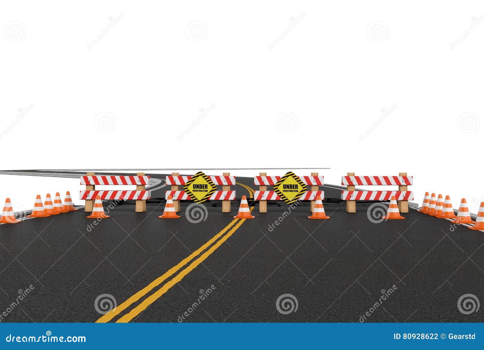 rendering of road closed with barriers, traffic cones and caution signs due to roadworks diversion.