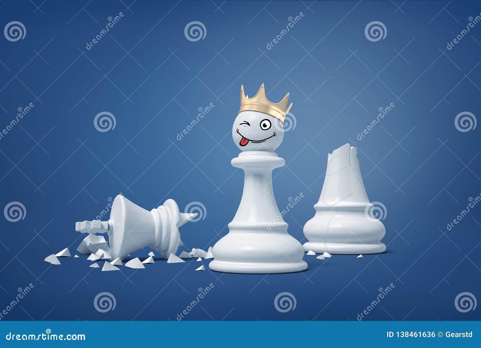 A Rendição 3d De Um Penhor Branco Da Xadrez Que Veste Uma Coroa Do Ouro E a  Posição Perto De Um Rei Branco Quebrado Remendam Ilustração Stock -  Ilustração de queda, coroa